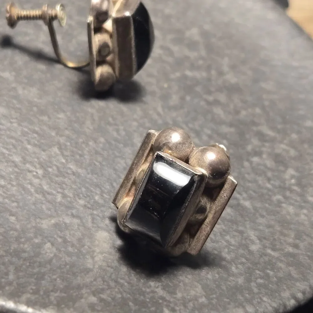 Mexico Black Screw on Sterling Silver Earrings